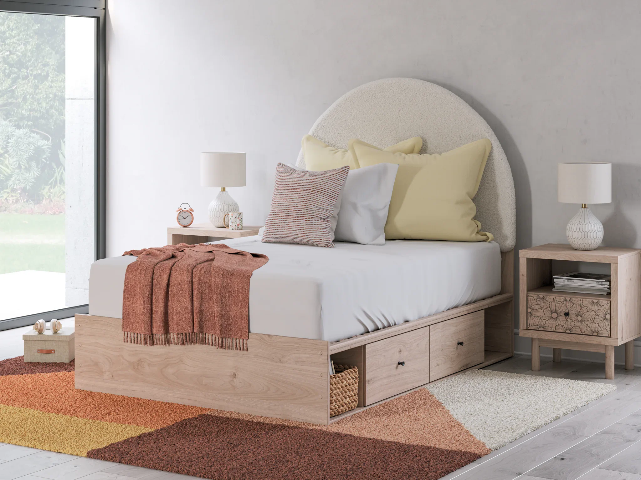 Arloster - Full Upholstered Panel Bed With Side Storage Unit - Tan / White - Image 4