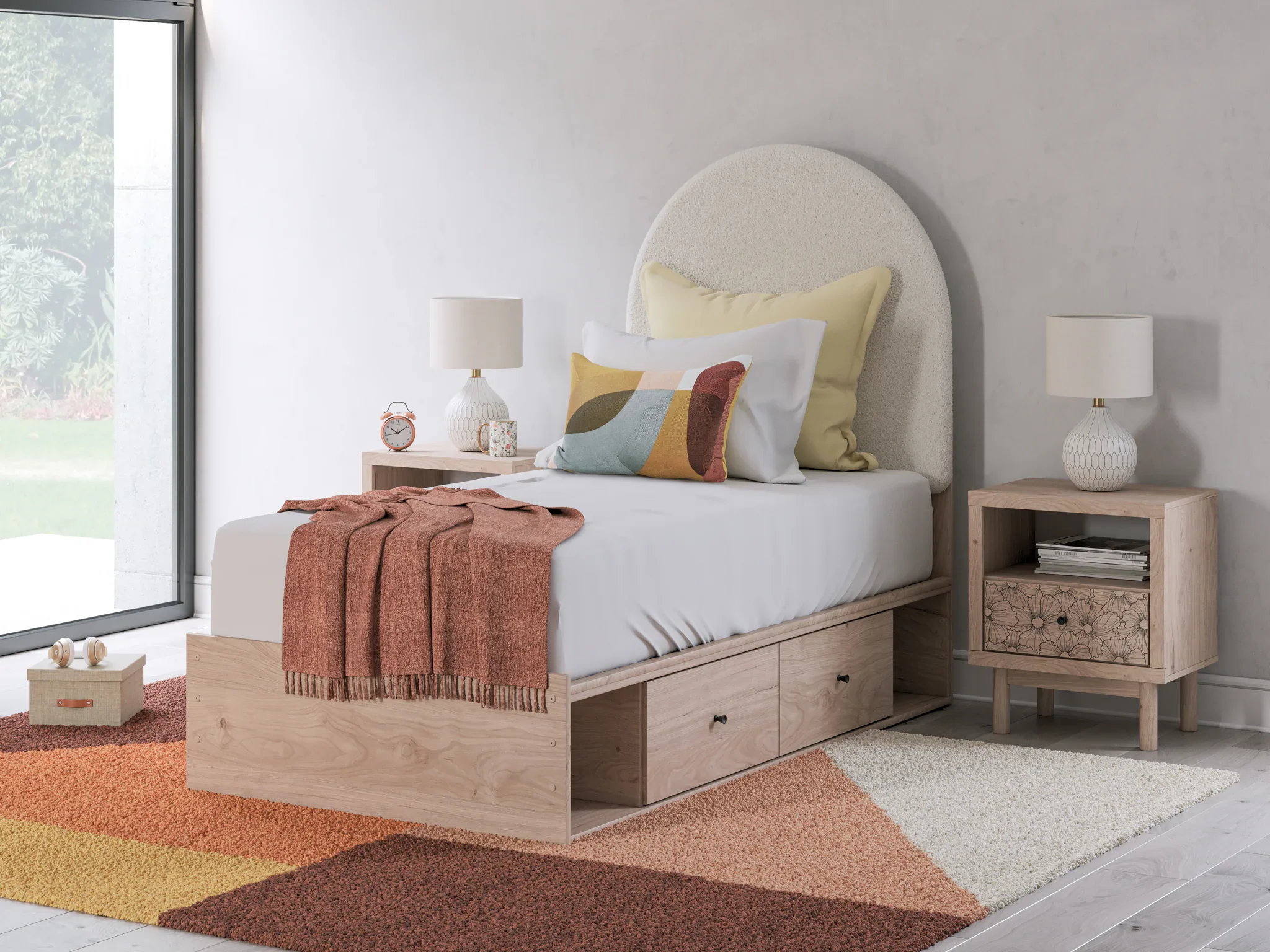 Arloster - Twin Upholstered Panel Bed With 2 Under Bed Storage Units - Tan / White - Image 2