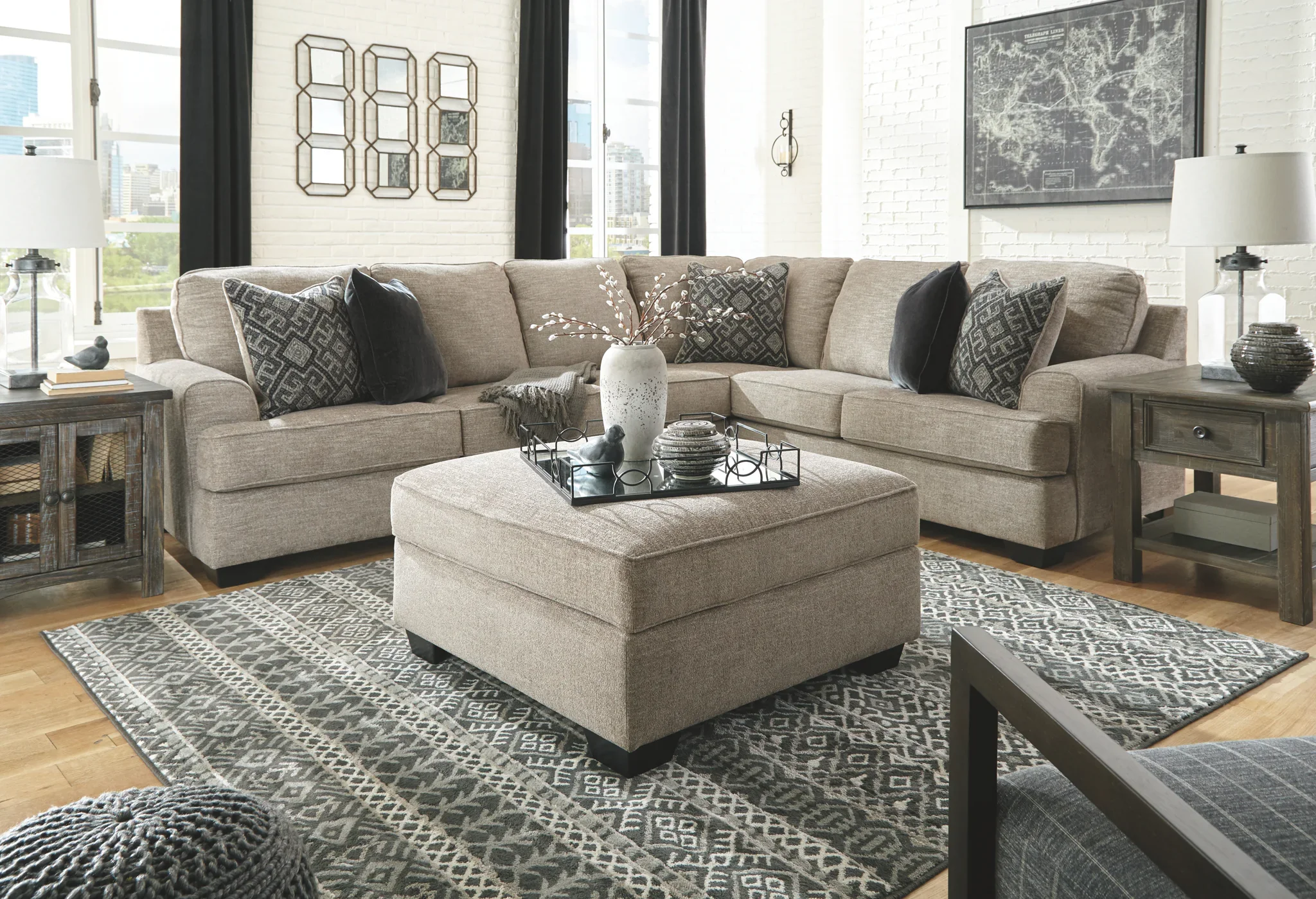 Bovarian - Stone - 4 Pc. - Left Arm Facing Loveseat 3 Pc Sectional, Ottoman