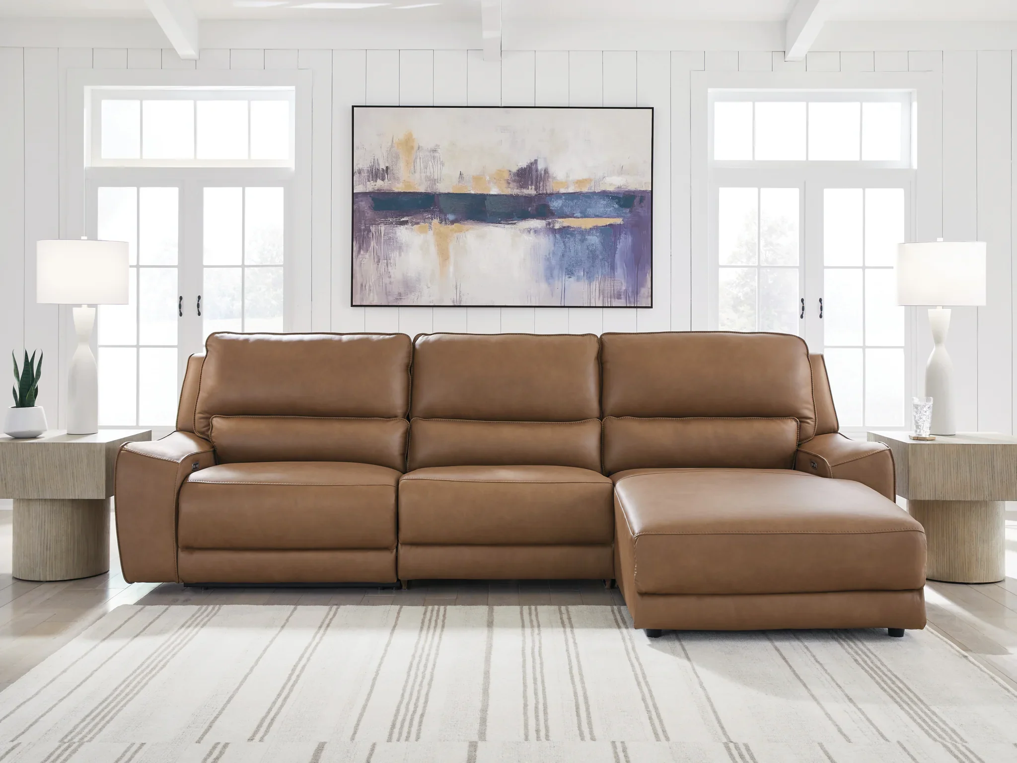 DeepWakes - 3-Piece Power Reclining Sofa With RAF Press Back Power Chaise - Caramel - Image 2