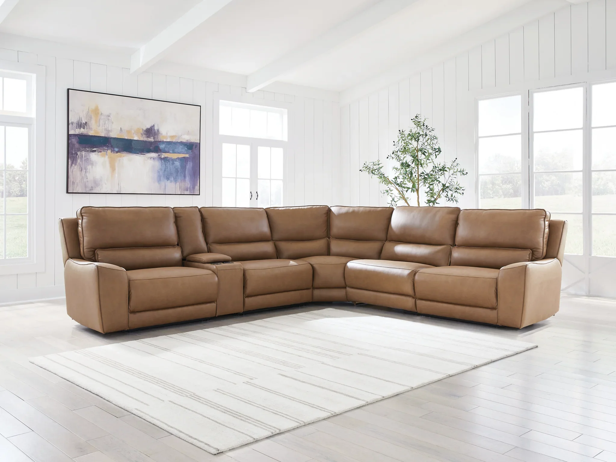 DeepWakes - 6-Piece Power Reclining Sectional With Storage Console - Caramel - Image 2