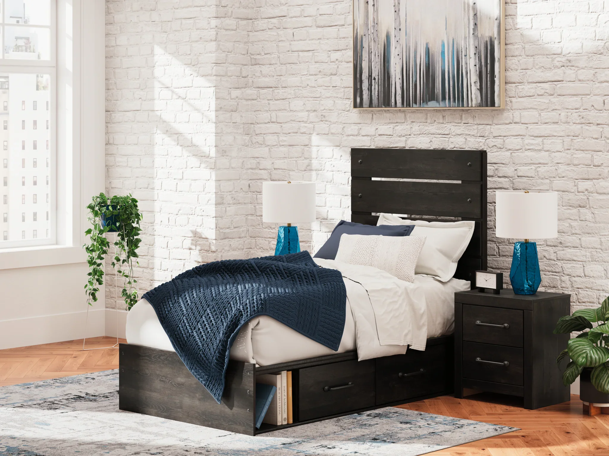 Hollivern - Twin Panel Bed With Storage - Dark Gray - Image 4
