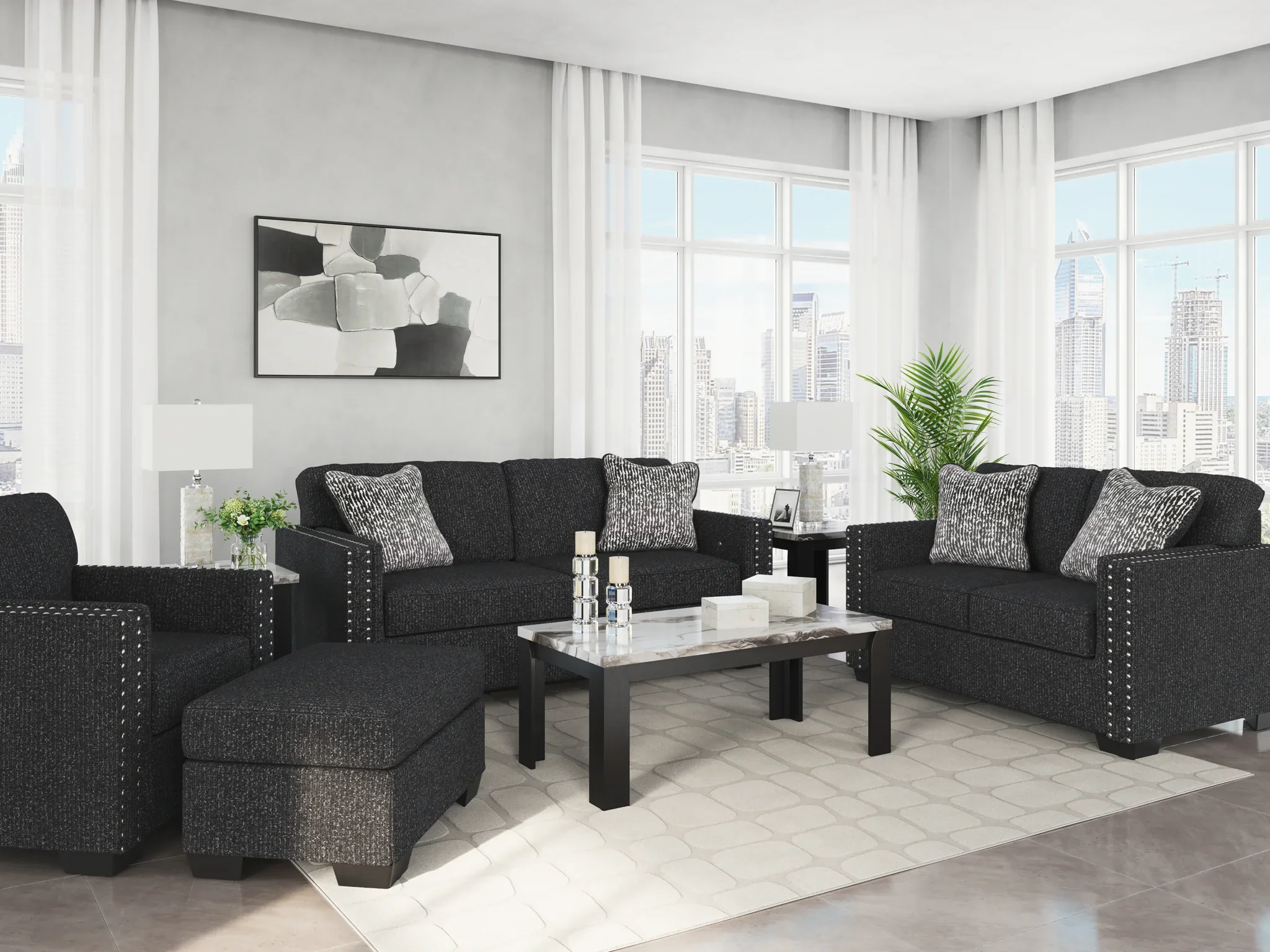 Jasmine Peaks - 4 Pc. - Sofa, Loveseat, Chair, Ottoman - Coal