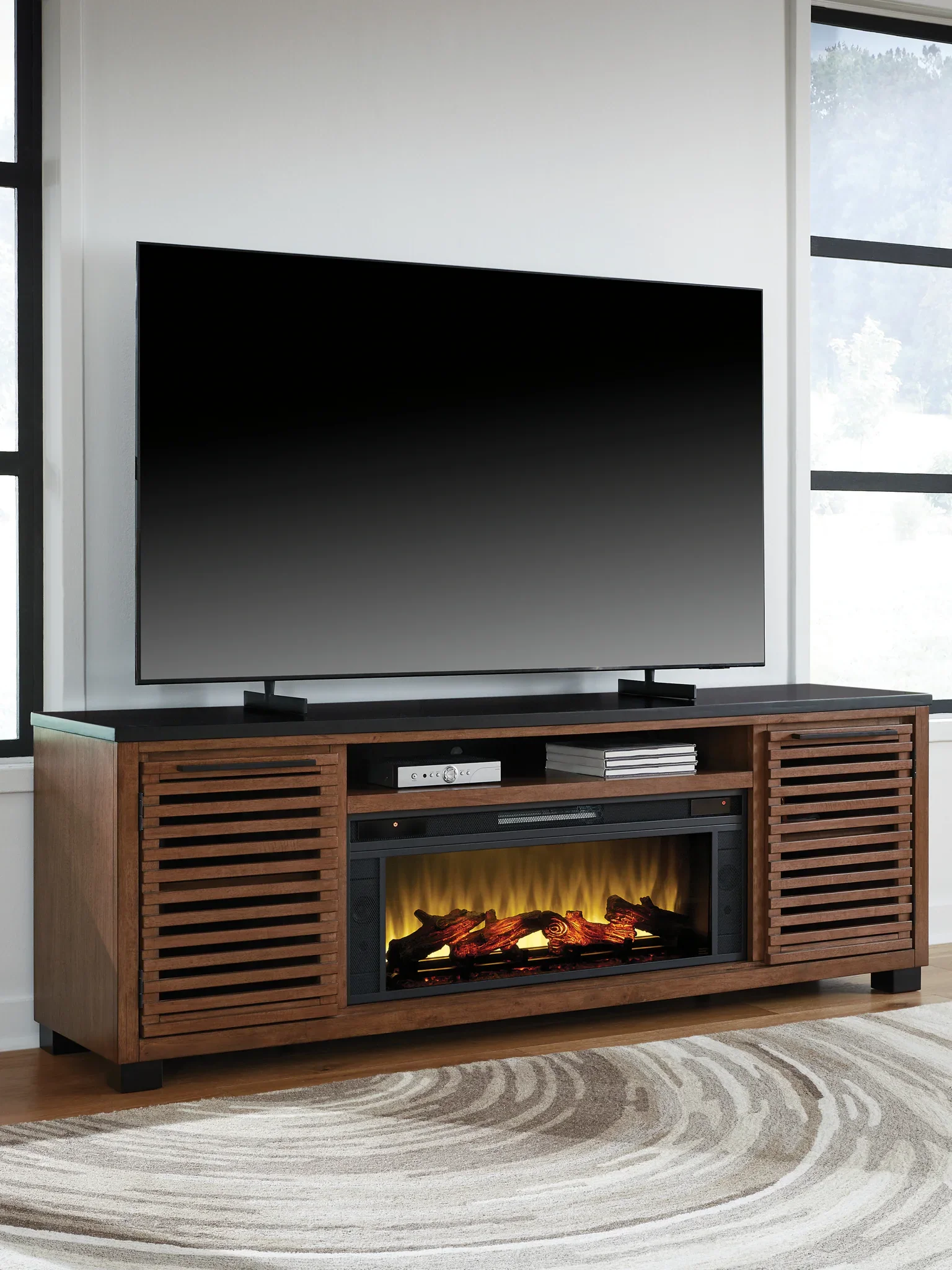 Kallari - Warm Brown / Black - 84" TV Stand With Electric Fireplace - Image 2