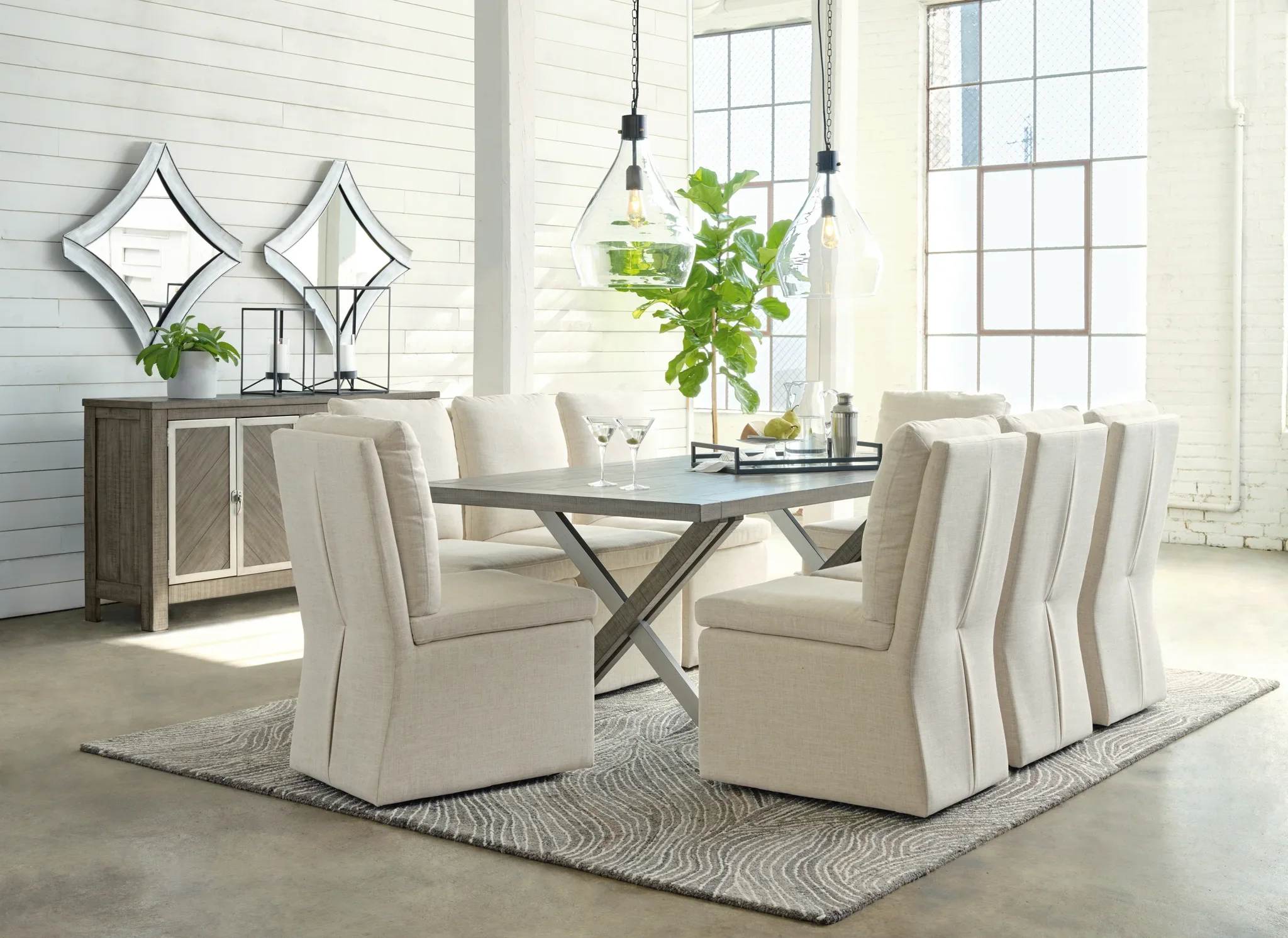 Krystanza - Weathered Gray - 9 Pc. - Dining Room Table, 8 Oatmeal Side Chairs, Server