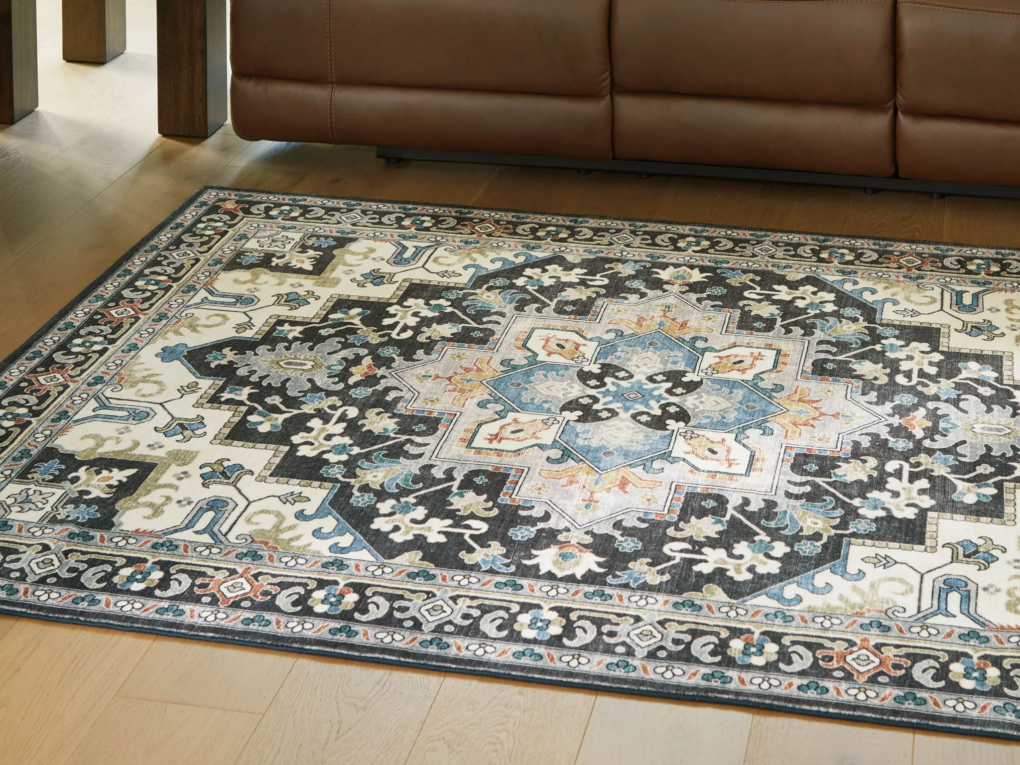 Leningston - Black / Cream / Blue - Washable Large Rug - 8' x 10' - Image 2