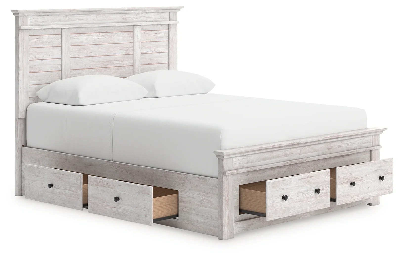 Makidern - Queen Panel Storage Bed With 2 Under Bed Storage Units And Storage Footboard - Whitewash - Image 4