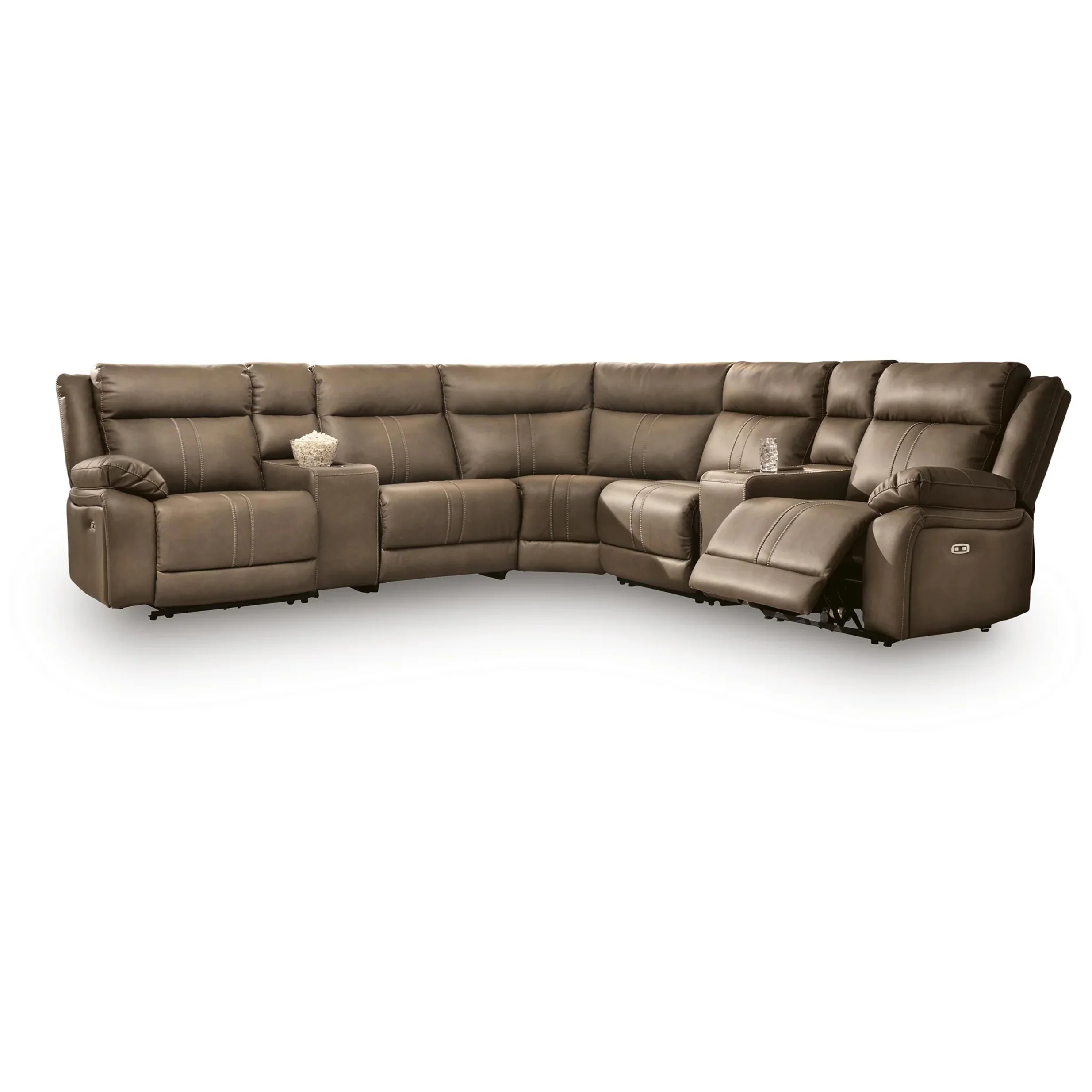 Max-Momentum - 7-Piece Power Reclining Sectional With 2 Armless Chairs And 2 Audio Consoles - Biscotti