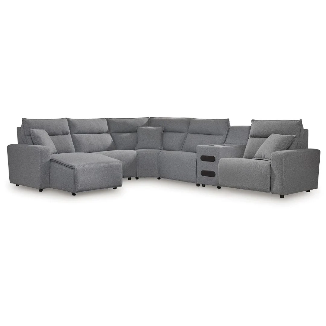 ModMax II - Salt and Pepper - 6-Piece Power Reclining Sectional With LAF Chaise And Audio Console