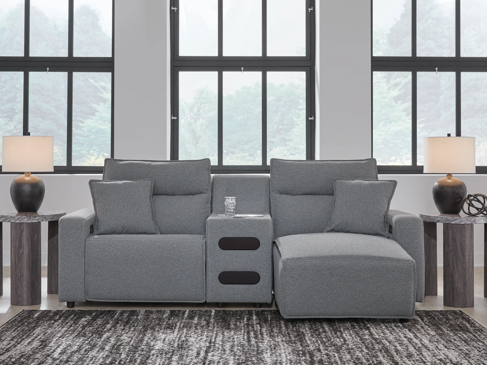 Modmax - Salt And Pepper - 3-Piece Power Reclining Sectional With RAF Chaise And Audio Console - Image 2