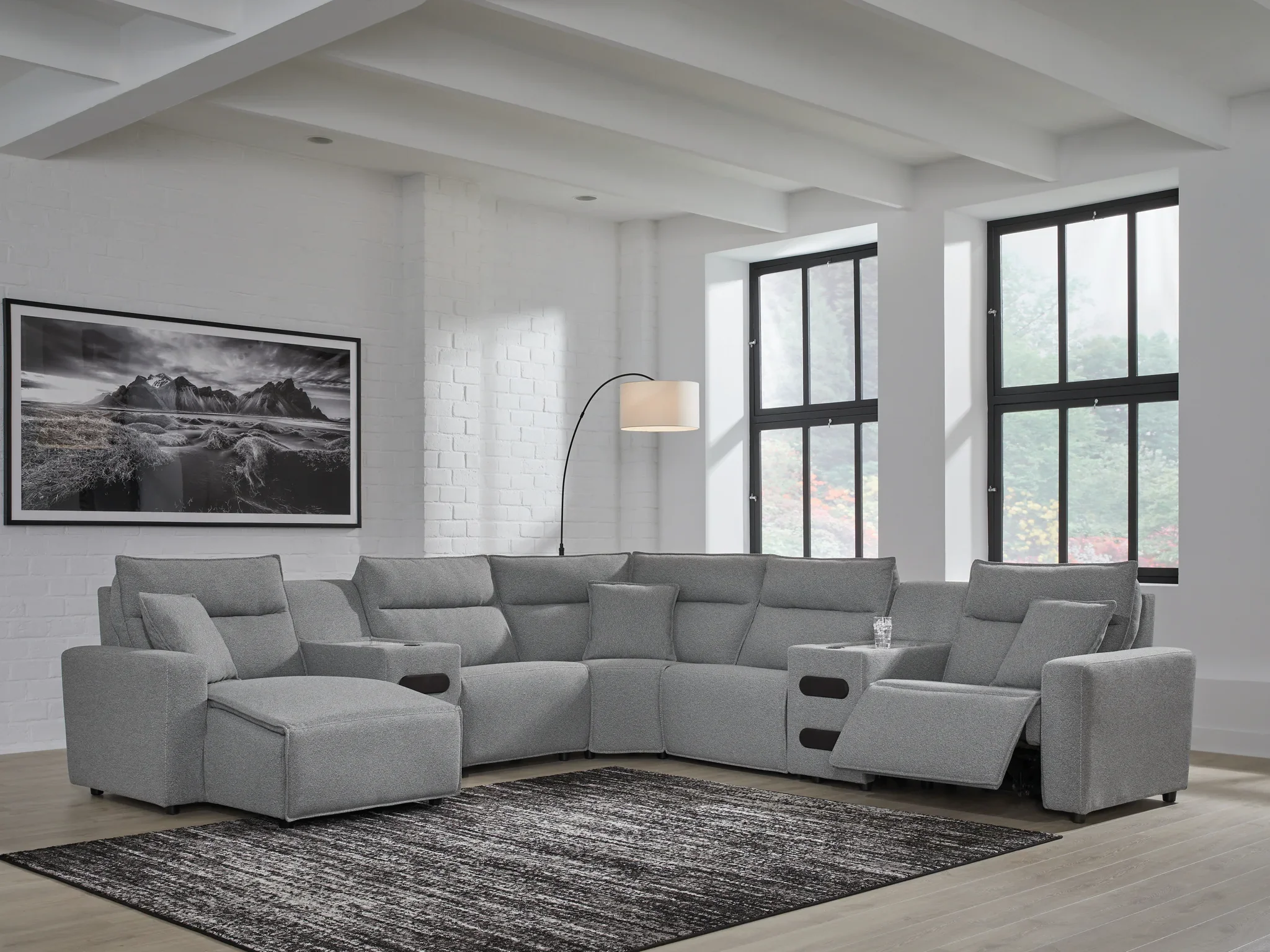 Modmax - Salt And Pepper - 7-Piece Power Reclining Sectional With LAF Power Chaise And With Audio Console - Image 2