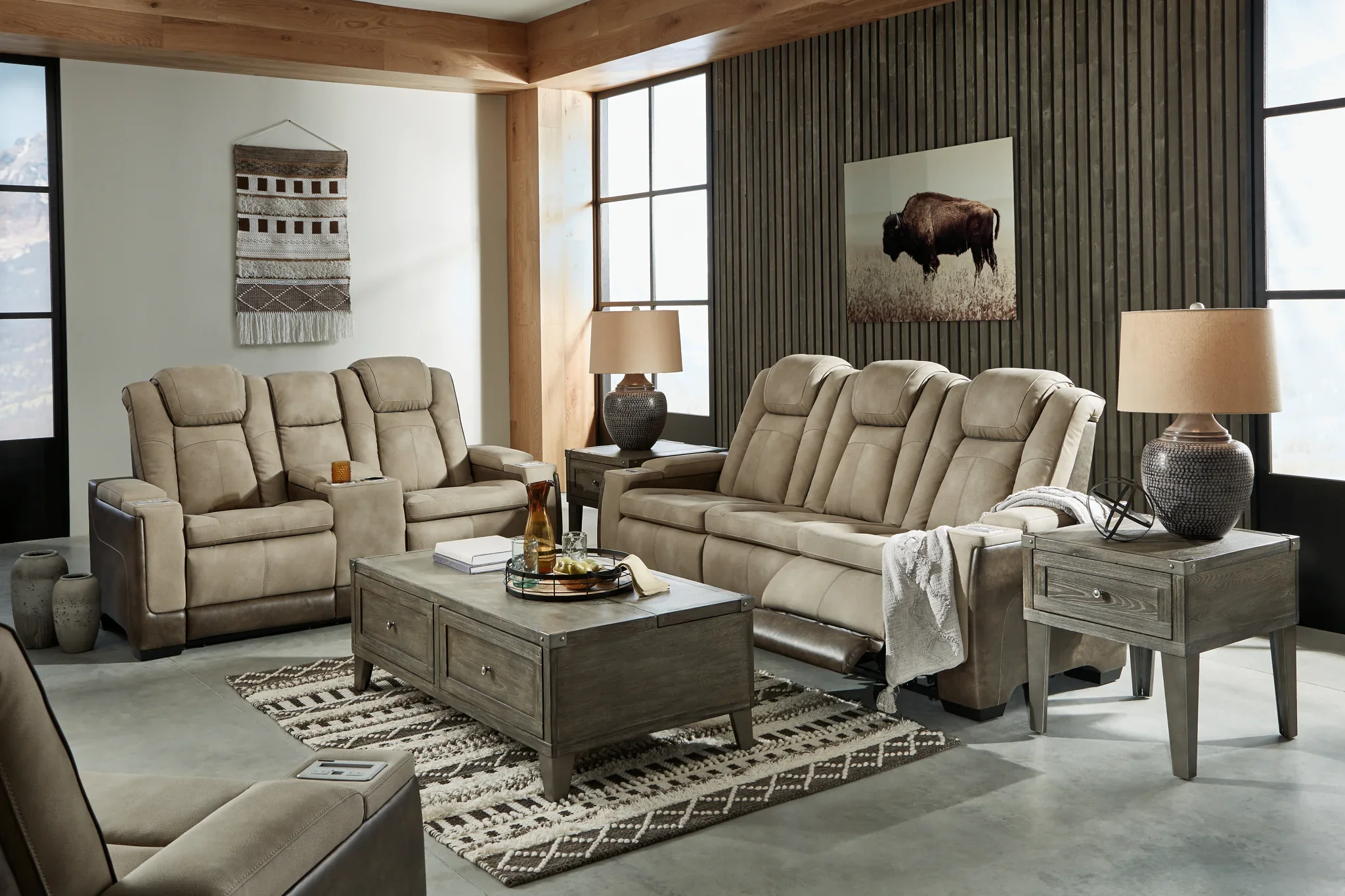 Next-Gen DuraPella - Sand - 3 Pc. - Power Sofa, Loveseat, Recliner
