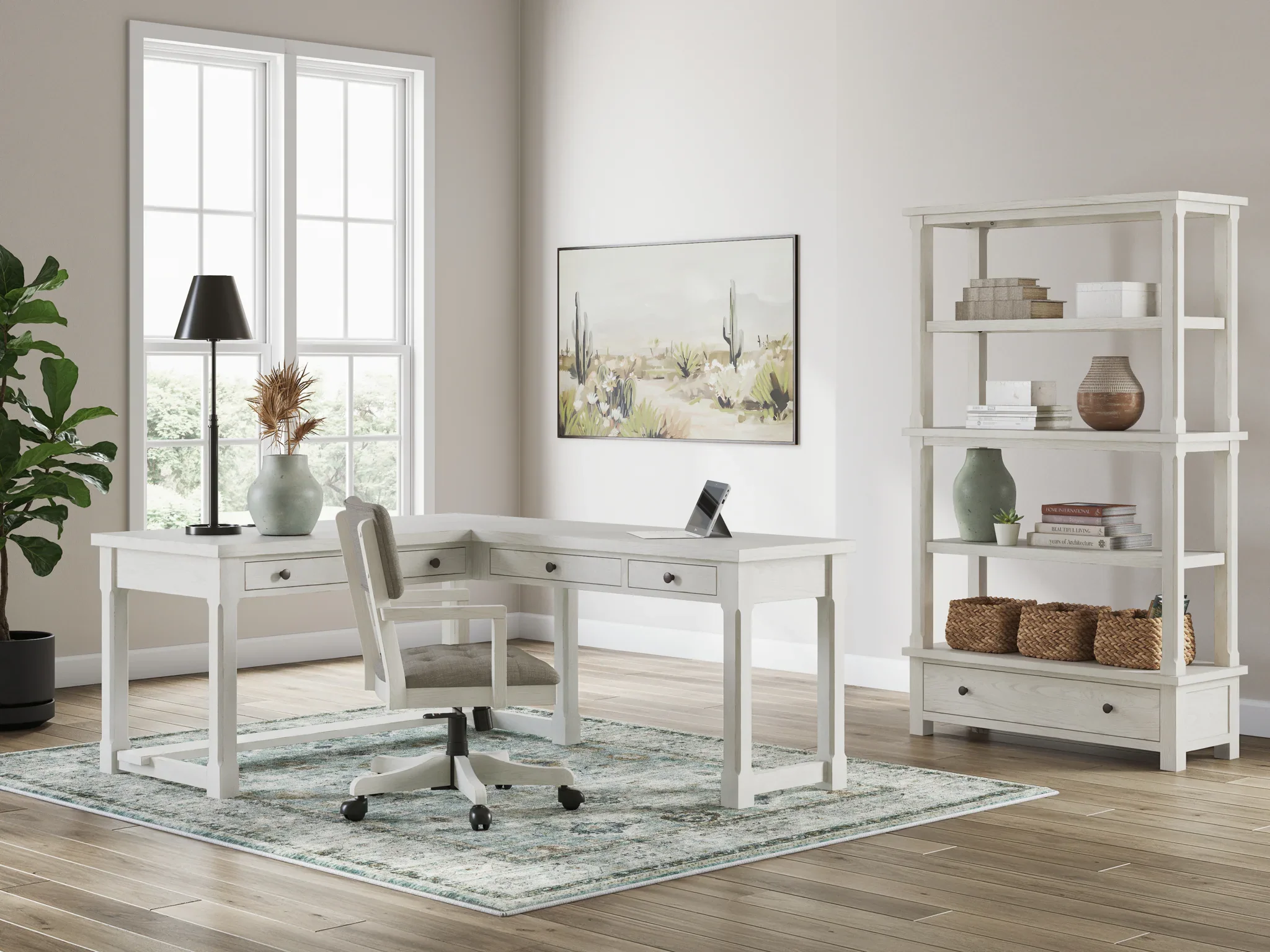 Robbinsdale - 4 Pc. - L-Shaped Home Office Desk, Home Office Desk Chair, Bookcase - Antique White