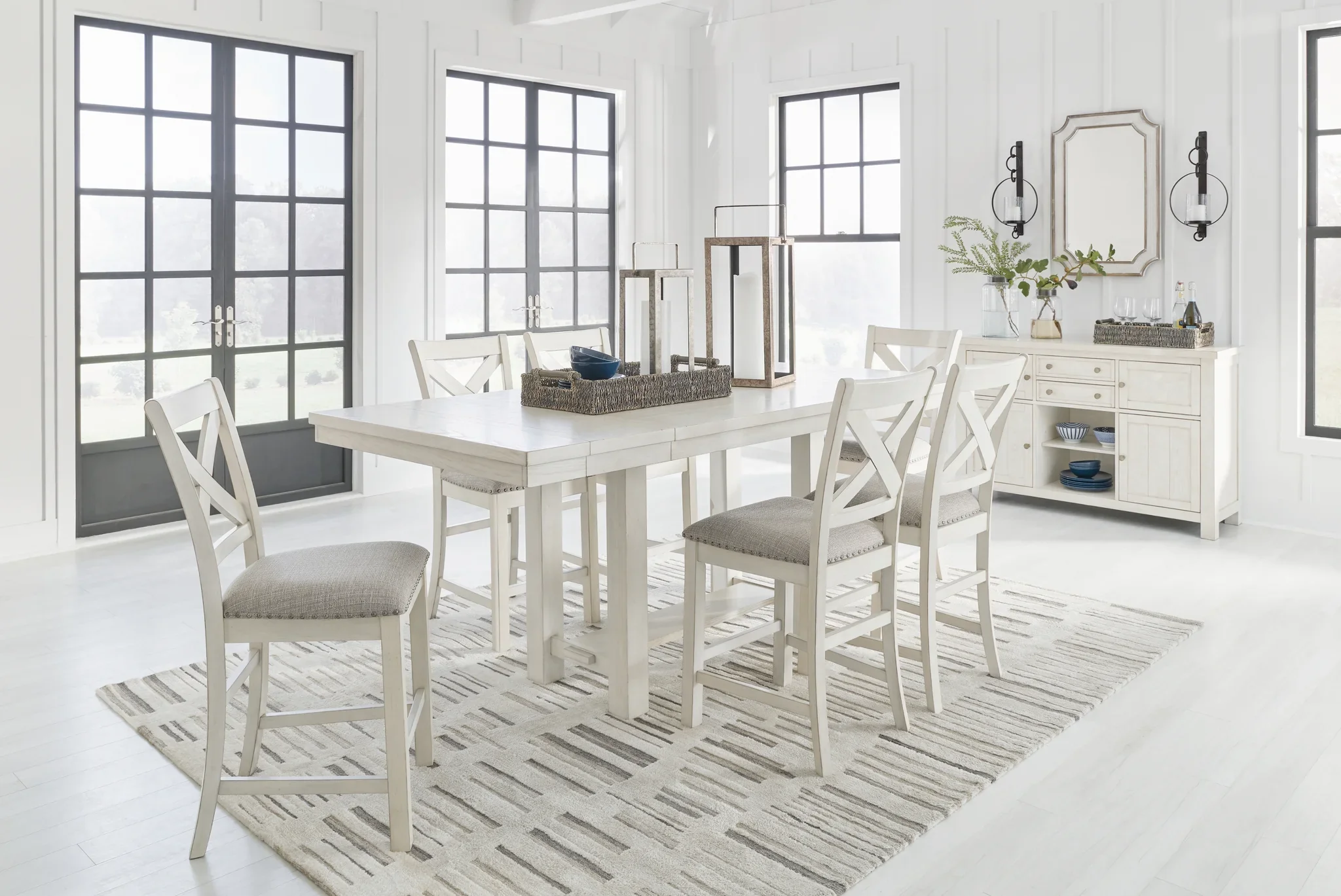 Robbinsdale - Antique White - 8 Pc. - Rectangular Counter Height Dining Extension Table, 6 Barstools, Server