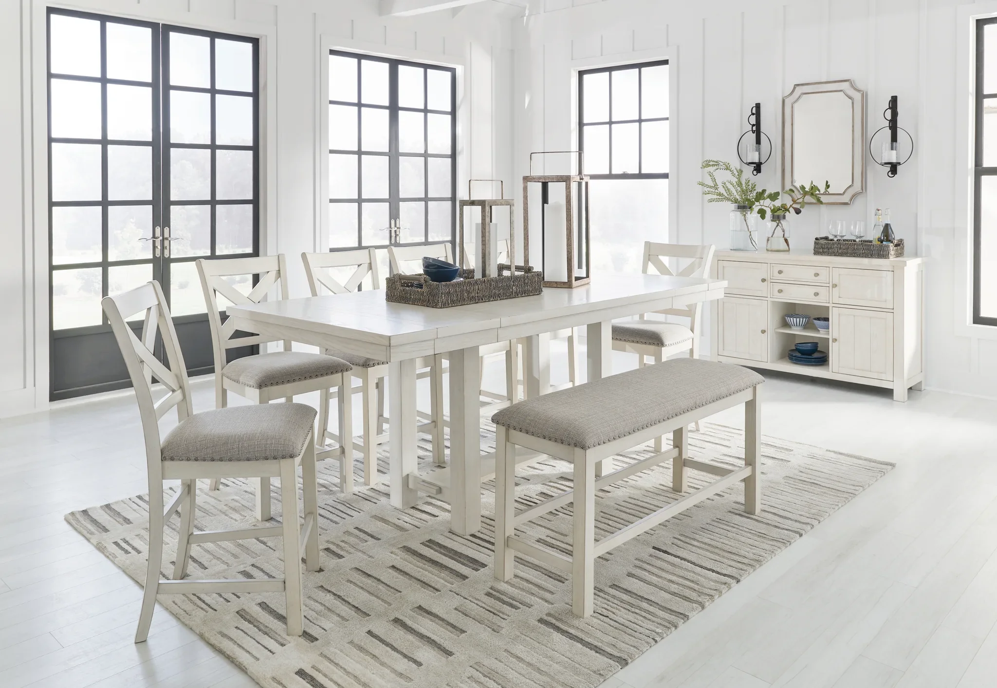 Robbinsdale - Antique White - 9 Pc. - Rectangular Counter Height Dining Extension Table, 6 Barstools, Bench, Server - Image 2