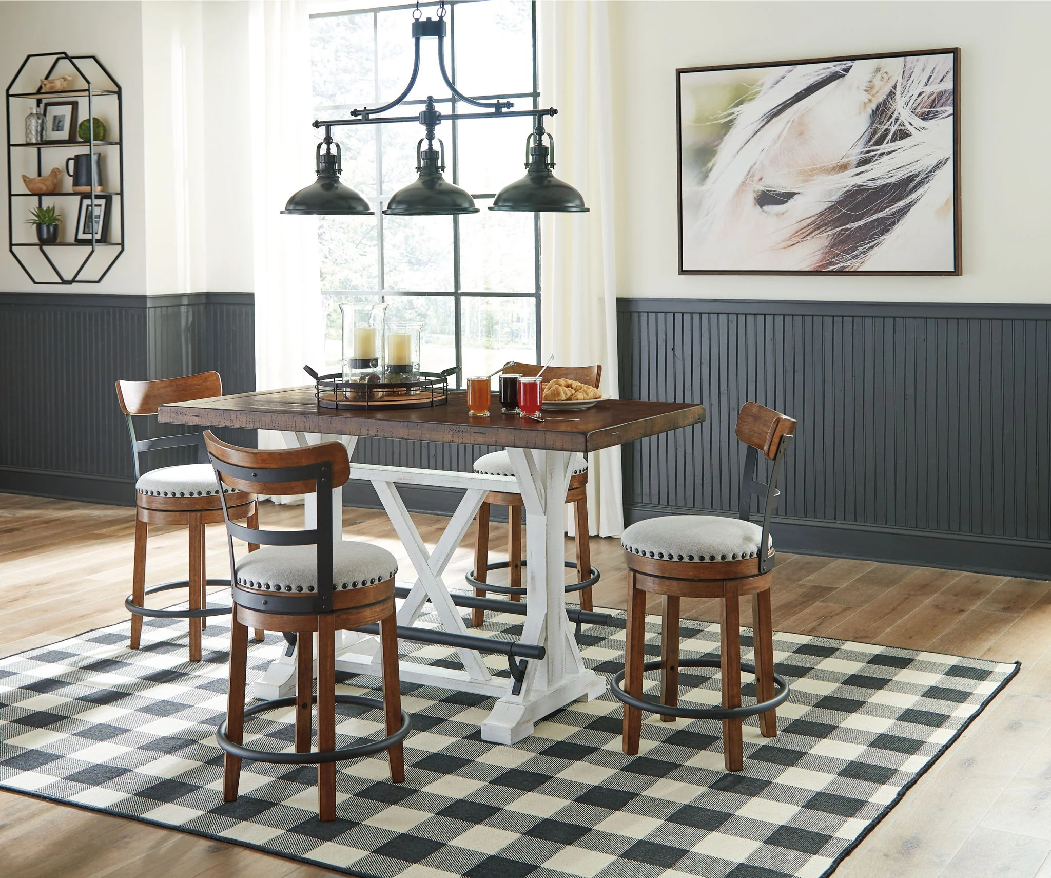 Valebeck - White - 5 Pc. - Counter Table, 4 Upholstered Barstools