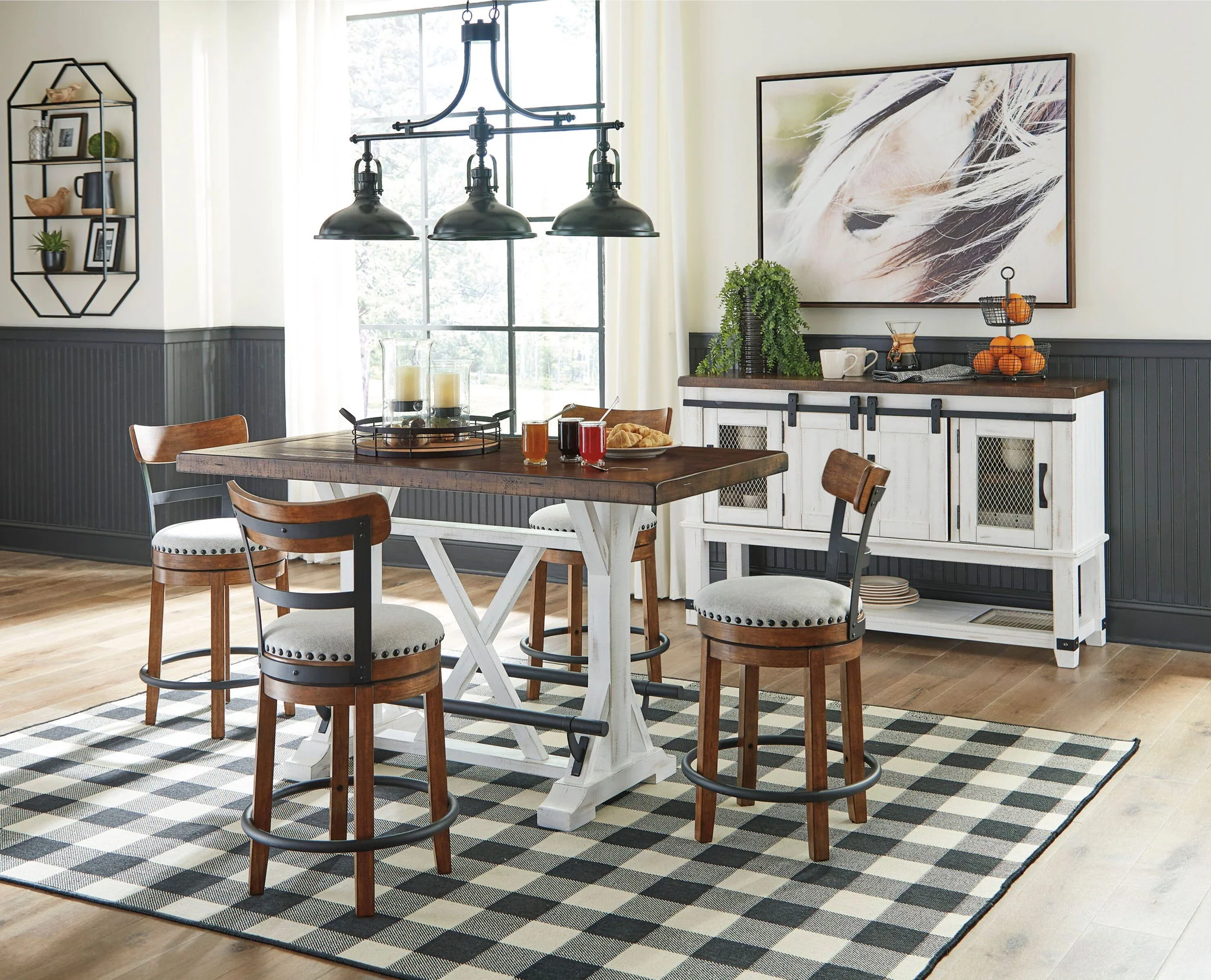 Valebeck - White - 6 Pc. - Counter Table, 4 Counter Barstools, Server