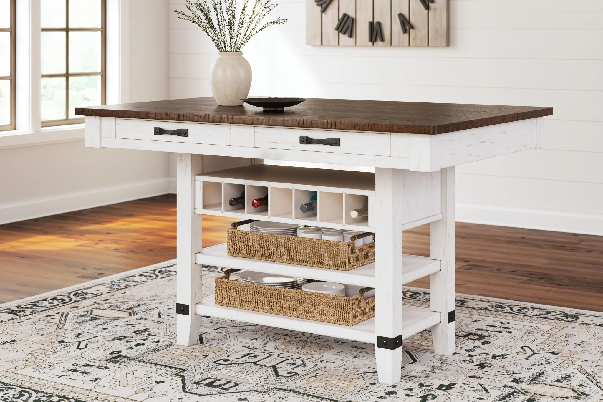 Valebeck - White / Brown - Rect Dining Room Counter Table With Wine Rack - Image 2