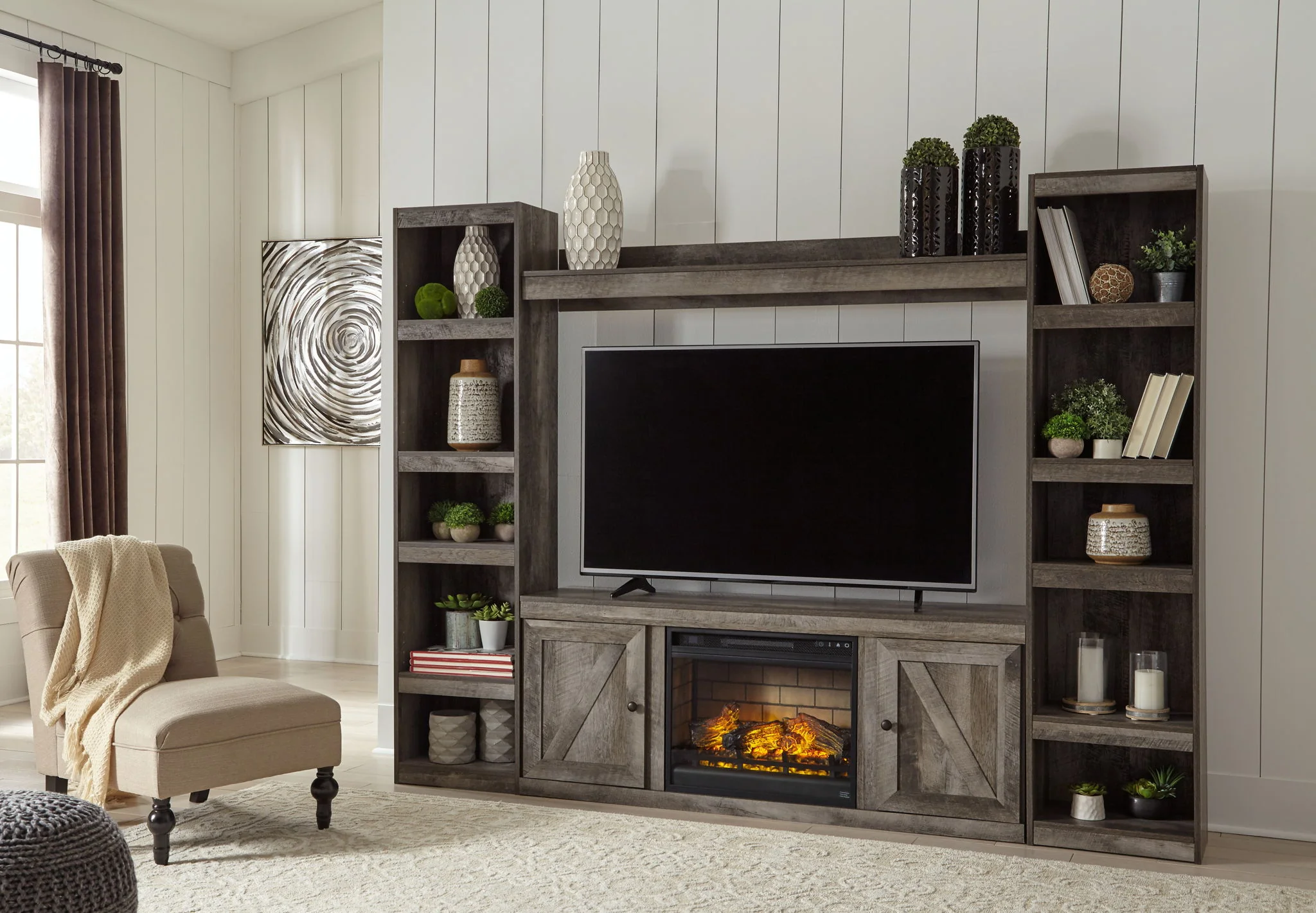 Wynnlow - Gray - 4-Piece Entertainment Center With 60" TV Stand And Faux Firebrick Fireplace Insert - Image 2